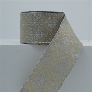 BROOCHED RIBBON 2.5" BEIGE / SILVER