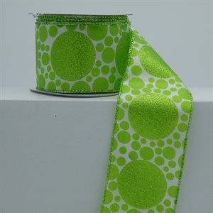 BROOCHED RIBBON 2.5" WHITE WITH GREEN DOTS 10 Y